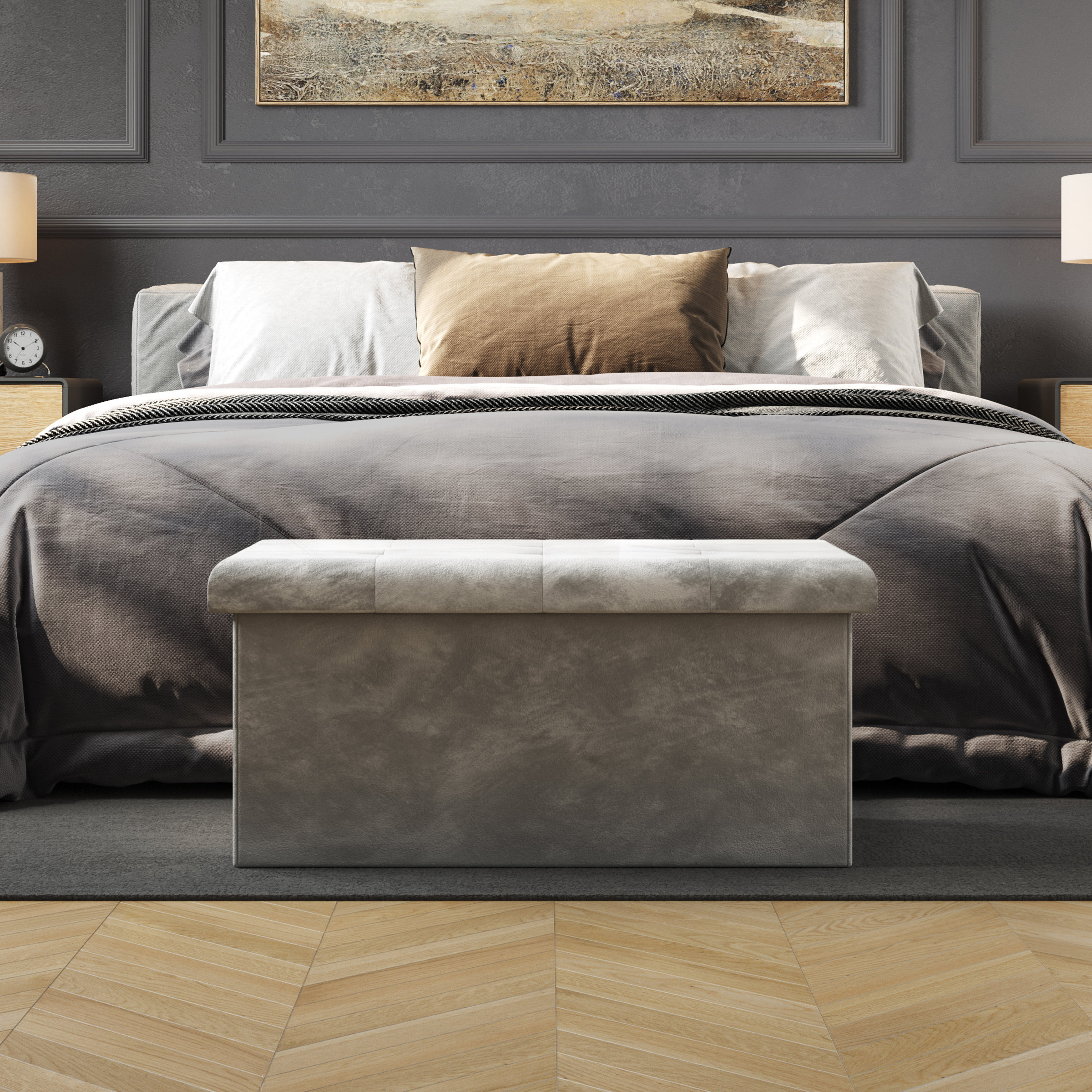 Mercer41 Gresh 15" Wide Storage Ottoman - Velvet Tufted Footrest, Linen ...